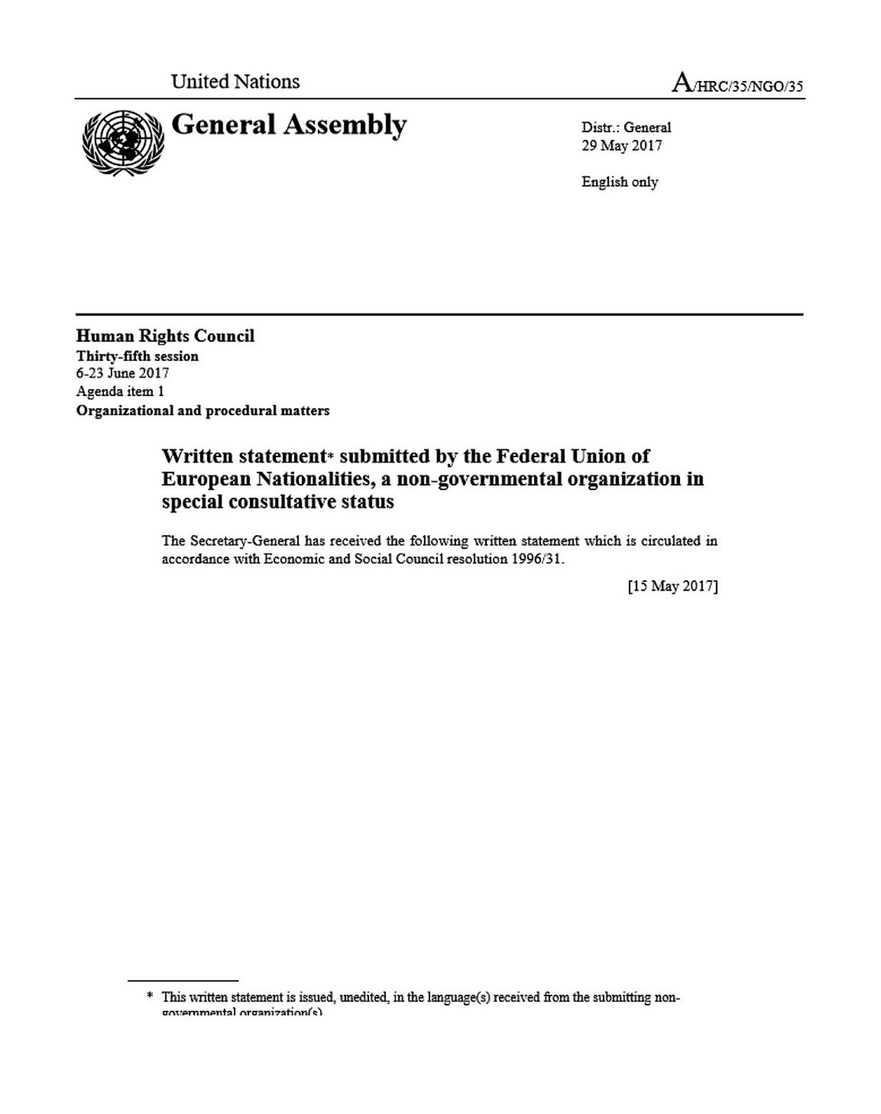 FUEN brought non-diplomatic language of Greece to the UN